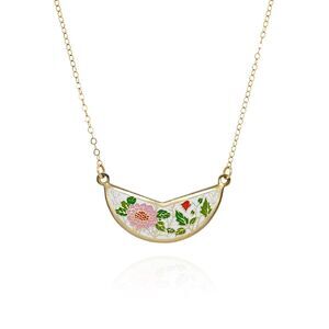 14K Gold Filled Enamel Floral Necklace White Pink Flower Art Nouveau Style